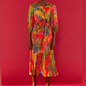 FARM Rio Red Tropical-Print Midi Dress